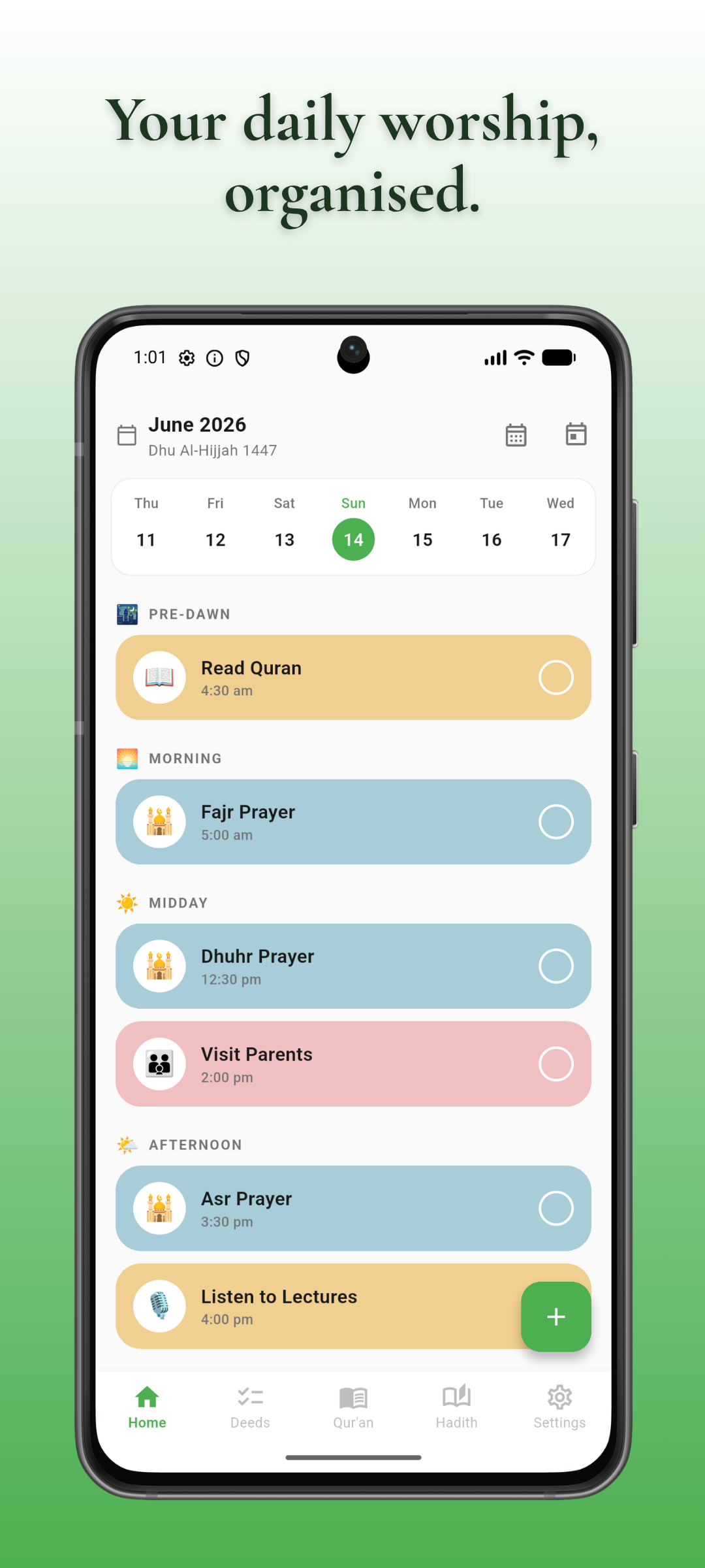 Hasanat home screen showing the daily deed timeline