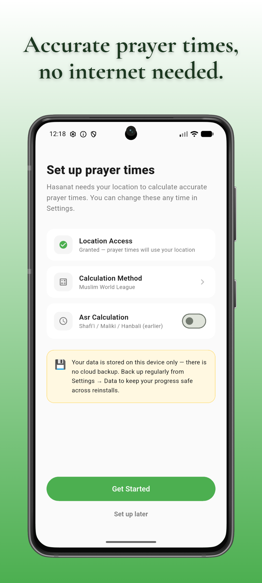 Prayer times setup — Accurate prayer times, no internet needed