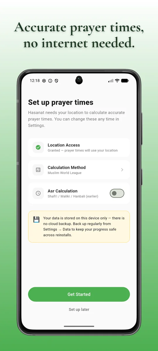 Prayer times setup — Accurate prayer times, no internet needed