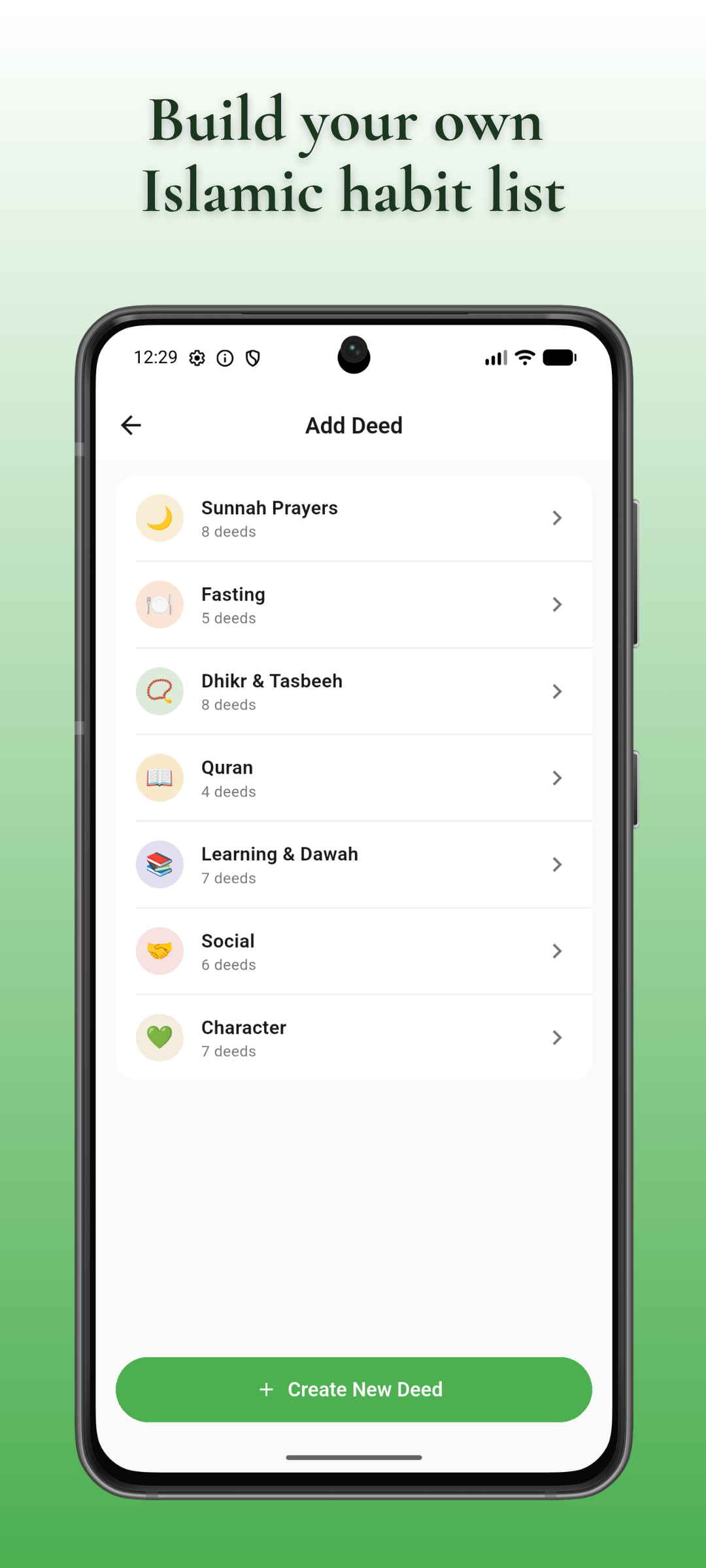 Deed library — Build your own Islamic habit list