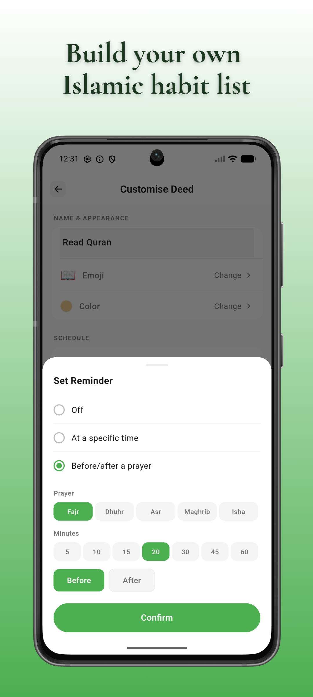 Customise deed — Reminders tied to prayer times